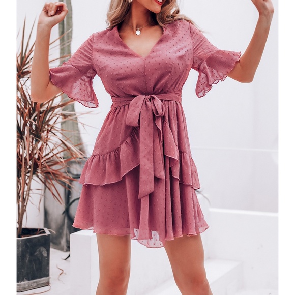 Berry Pink Swiss Dot Ruffle Flounce Hem Cute Dress - Picture 3 of 5